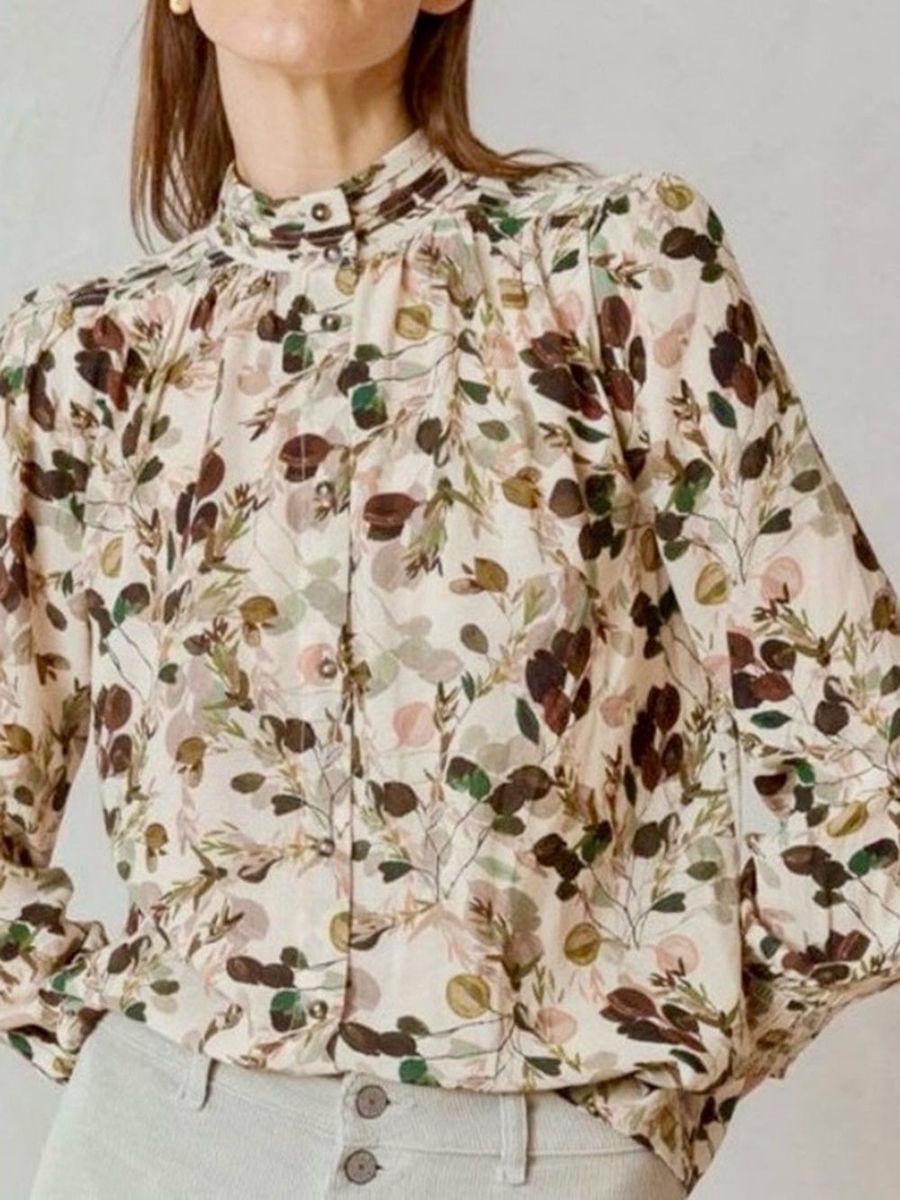 Anthropologie Floral High-Neck Button-Front Blouse in Cream, Green, Brown